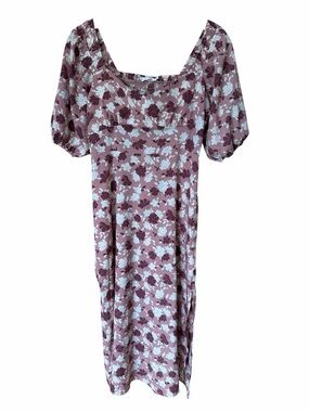 Lush Dusty Mauve Floral Puff-Sleeve Midi Dress